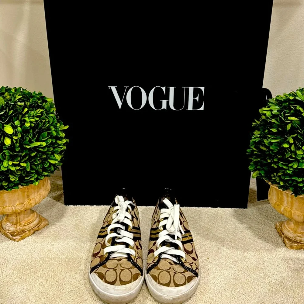 Coach traditional print sneakers with black patent trim